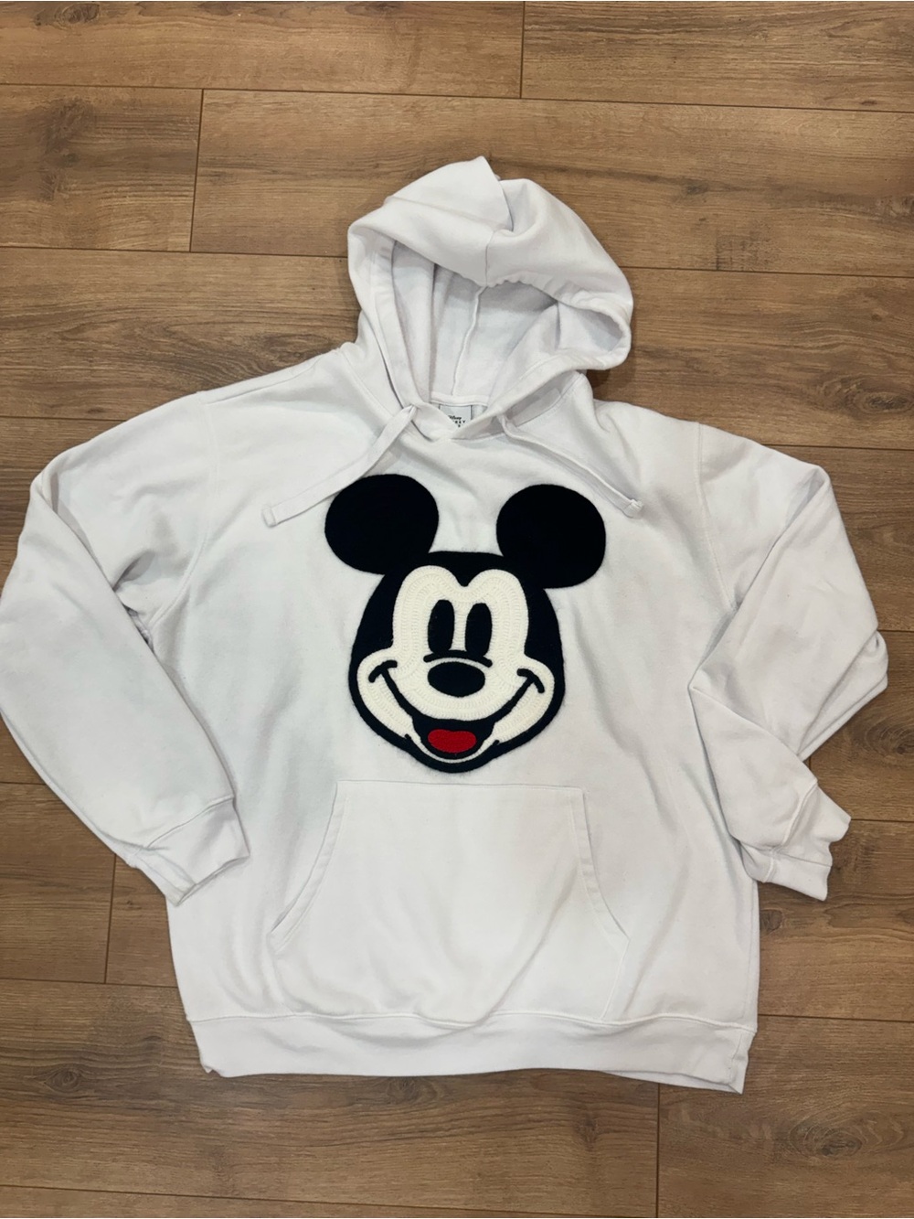 Disney Mickey Mouse Chenille Applique Hoodie White Pullover Sweatshirt XL
